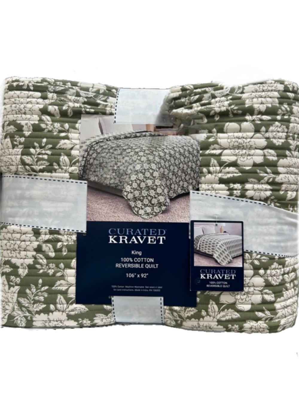 Curated Kravet Green and White Cotton Reversible King Quilt Set 106”x92”